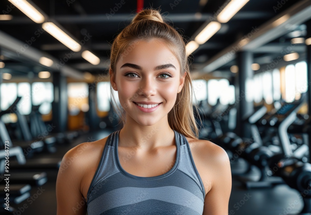 Fototapeta premium Teenage girl in a modern gym, standing and smiling at the camera, ready for her workout
