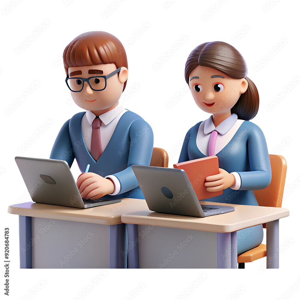 3D Boy and Girl Taking Notes in Classroom - Educational Scene with 3D Characters 3D Boy and Girl Taking Notes in Classroom - Educational Scene with 3D Characters