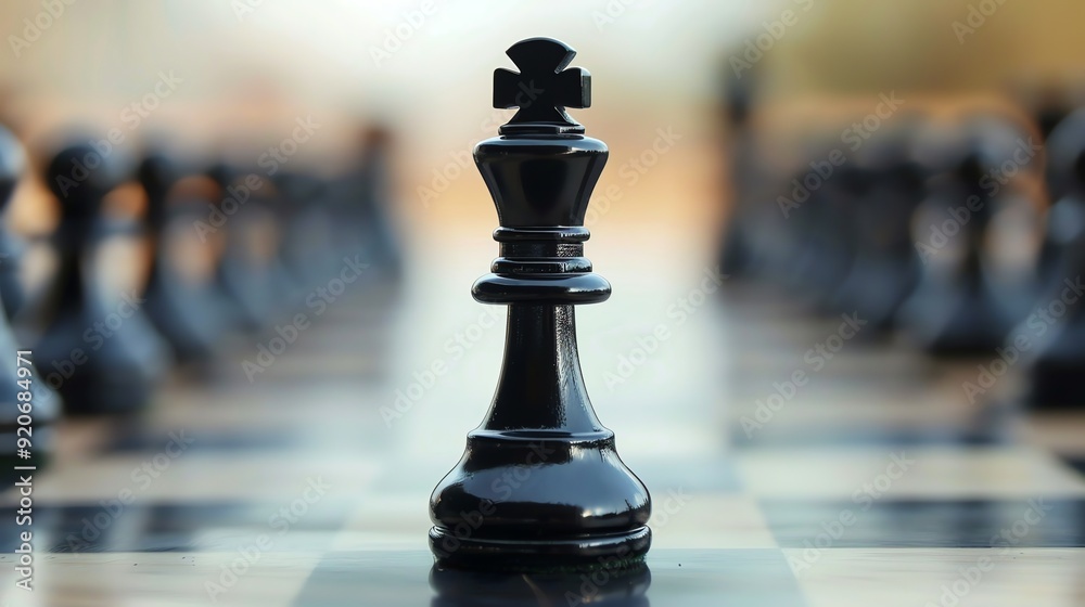 A black chess king stands on a chessboard with other pieces out of focus in the background. A black chess king stands on a chessboard with other pieces out of focus in the background.