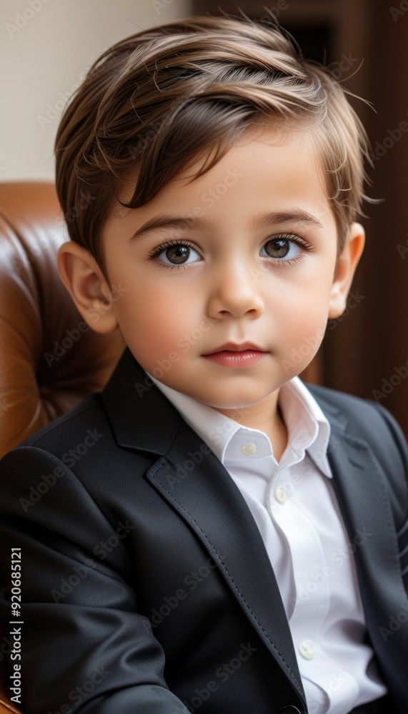 Toddler boy in a black business suit and white shirt, sitting confidently in a brown leather office chair, looking at the camera