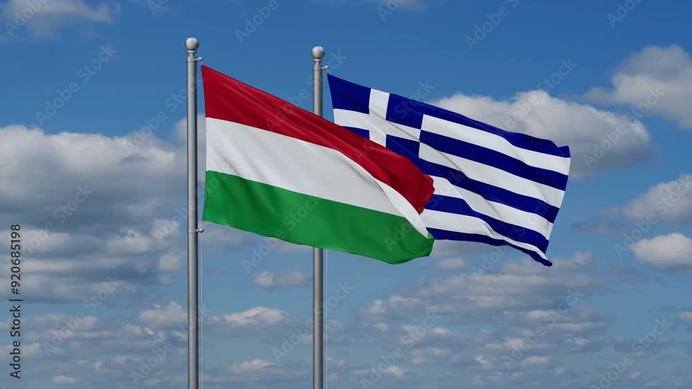 Greece and Hungary flags flying together, video concept of the relationship, two country relations concept Greece and Hungary flags flying together, video concept of the relationship, two country relations concept