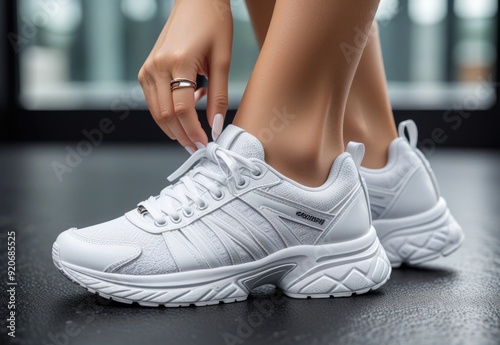 Closeup of a woman tying white sneakers in a modern gym, wearing a tracksuit, ready for training