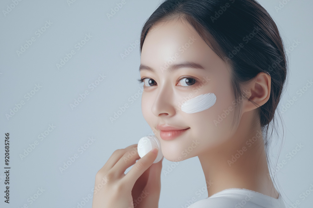 beautiful young asian woman with flawless skin applying skincare on her face beautiful young asian woman with flawless skin applying skincare on her face