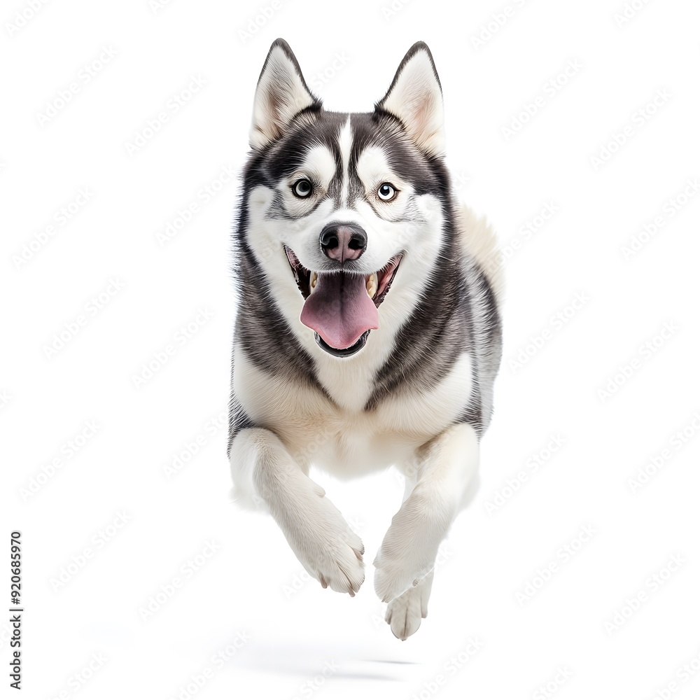 A happy siberian husky dog is running on a white background.