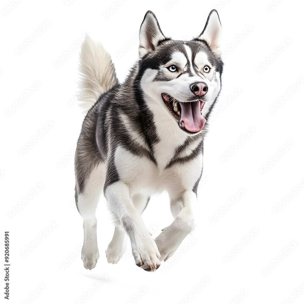 A happy siberian husky dog is running on a white background.
