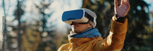 A person in a winter coat tries out a VR headset in an outdoor setting, illustrating the blend of real and virtual experiences. photo