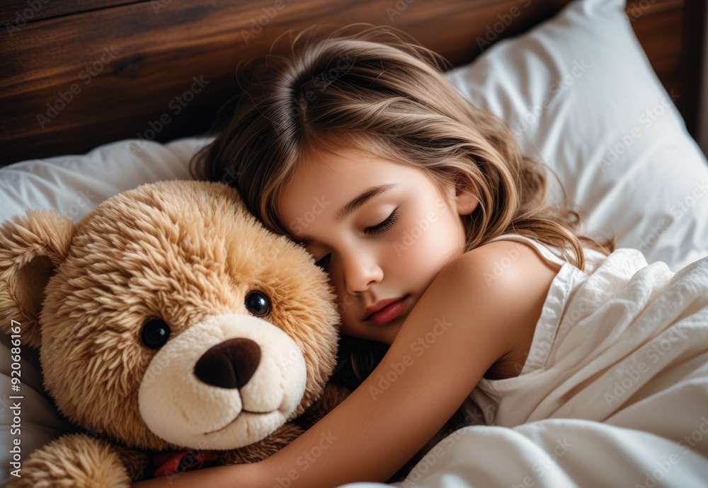Cute little girl hugging teddy bear while sleeping in bed, cozy and ...