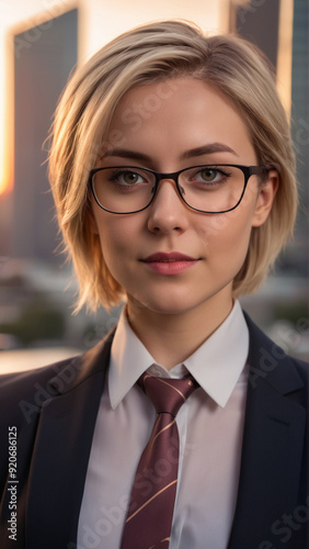 Portrait of a young woman with a short haircut in a business suit against the backdrop of a modern city.