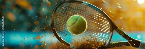 A close-up of a tennis racket hitting a ball, captured with dynamic motion effects, highlighting the action and energy of the sport. photo