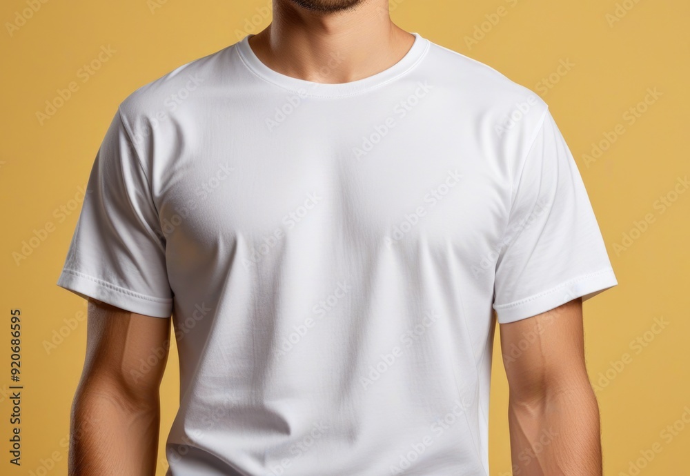 Young man in Bella Canvas white shirt, yellow background. T-shirt design mockup, print presentation Young man in Bella Canvas white shirt, yellow background. T-shirt design mockup, print presentation