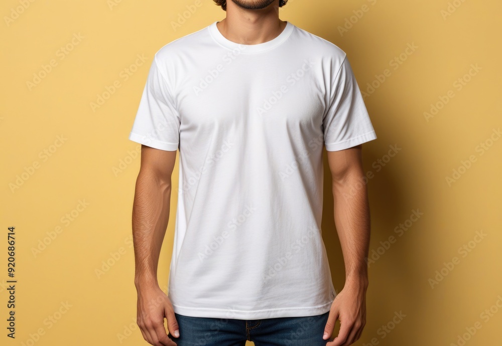 Young man in Bella Canvas white shirt, yellow background. T-shirt design mockup, print presentation Young man in Bella Canvas white shirt, yellow background. T-shirt design mockup, print presentation