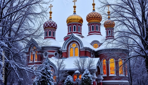 Snowy Church with Golden Domes and Glowing Windows
