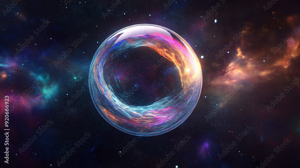 A floating, empty glass orb in a dark, starry space A floating, empty glass orb in a dark, starry space