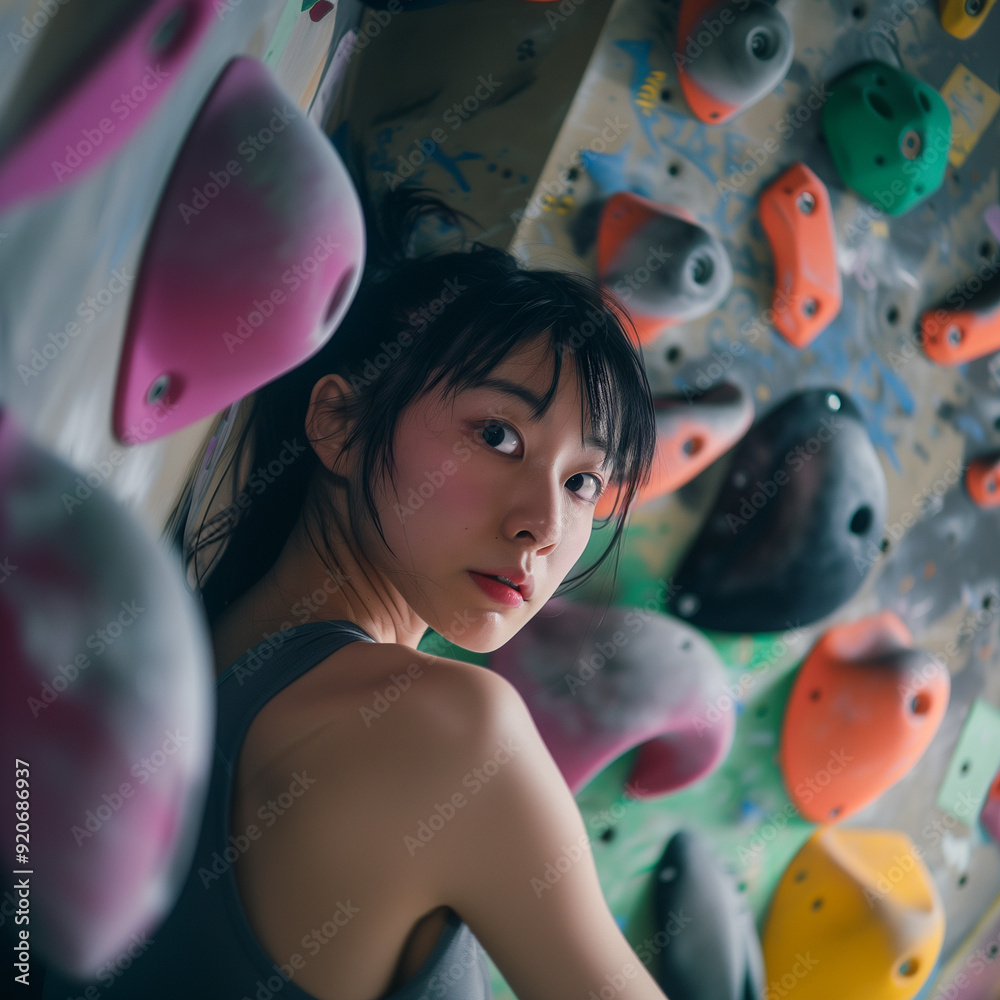 Naklejka premium ボルダリングをする若いアジア人女性