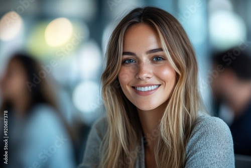 Happy businesswoman having meeting with coworkers in office and looking at camera, Generative AI