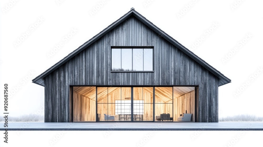 Modern wooden cabin with large windows overlooking snowy landscape Modern wooden cabin with large windows overlooking snowy landscape