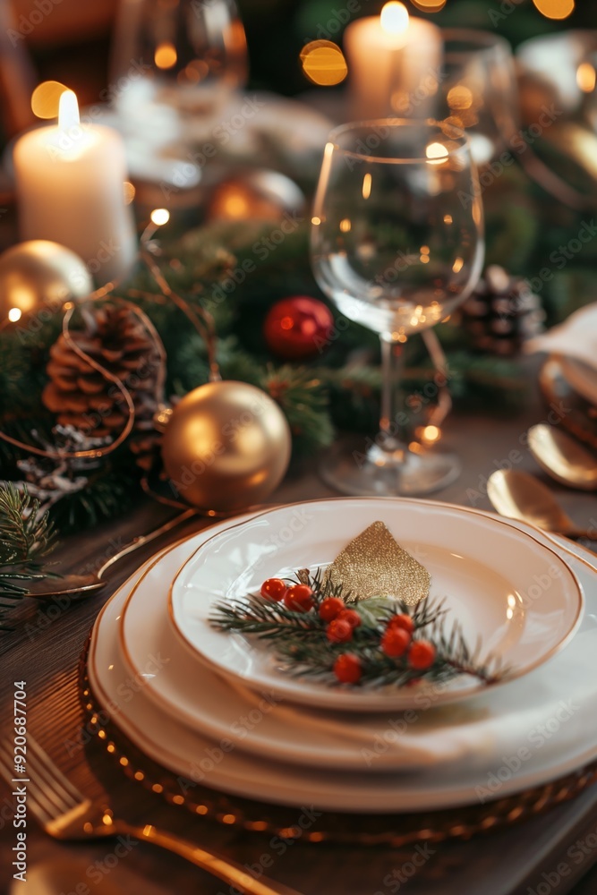 A table with a white plate and a gold leaf on it. The plate is set with a fork, knife, and spoon. The table is decorated with Christmas ornaments and candles A table with a white plate and a gold leaf on it. The plate is set with a fork, knife, and spoon. The table is decorated with Christmas ornaments and candles