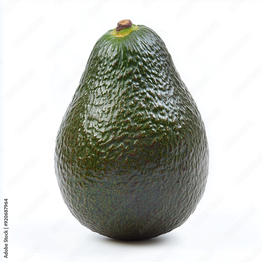 A perfectly ripe, dark green avocado sits on a stark, white background ...