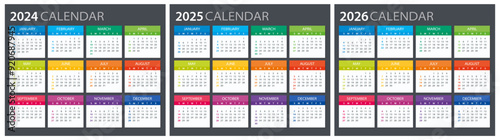 2024, 2025, 2026 Calendar - illustration. Template. Mock up