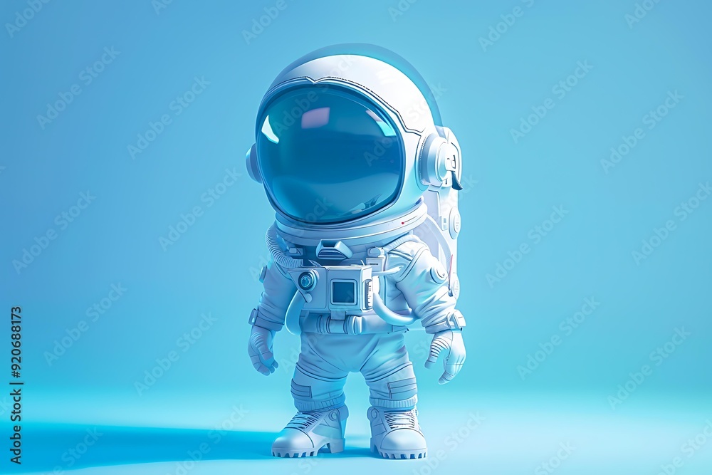 A cute, small astronaut figure stands in full gear against a blue gradient background, perfect for children's space-themed content, toy promotions, or educational materials on space exploration, A cute, small astronaut figure stands in full gear against a blue gradient background, perfect for children's space-themed content, toy promotions, or educational materials on space exploration,