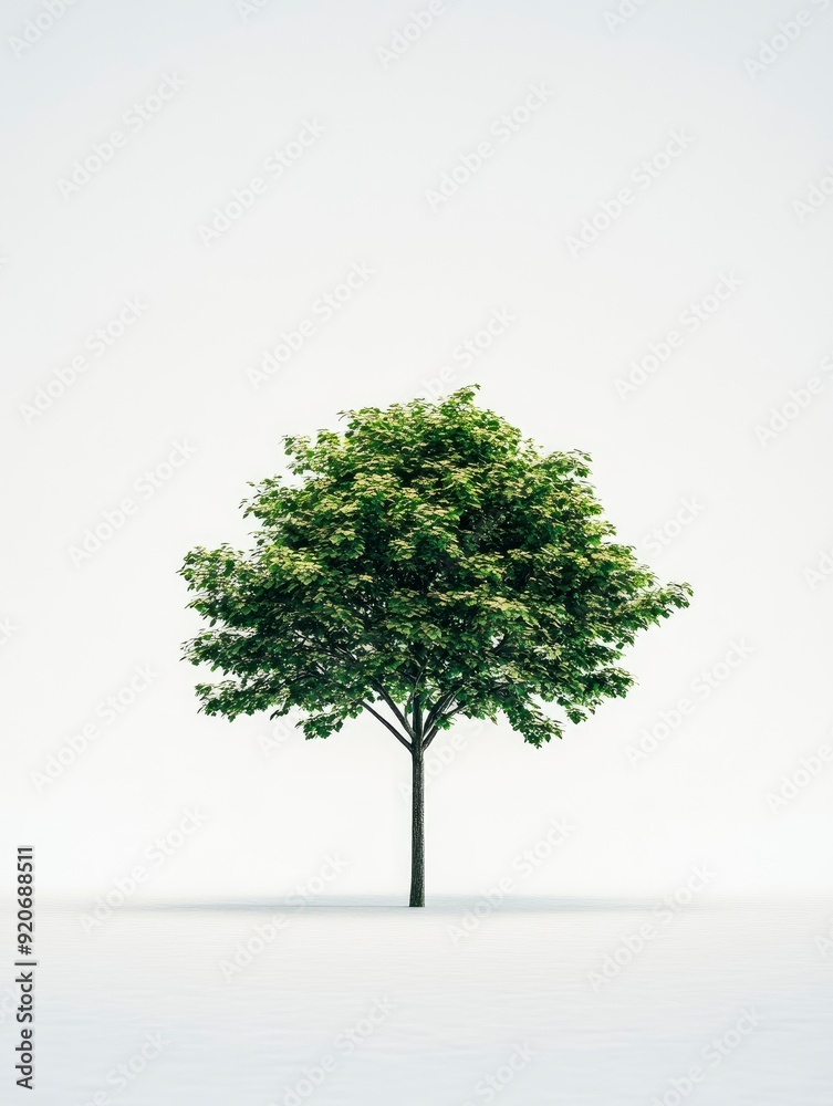arge tree with green leaves stands alone on a white background. The tree is the main focus of the image, and its size and color contrast with the white background. with generative ai