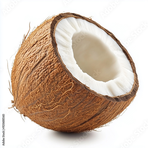 A coconut rests on a plain white background, its brown, hairy shell and round shape creating an eye-catching focal point photo