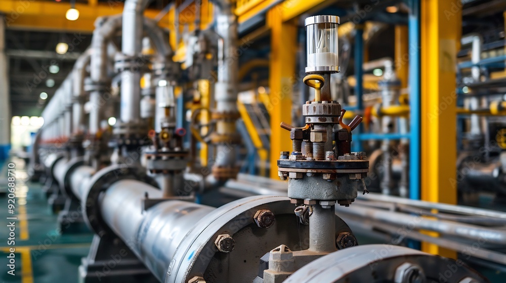 Factory architecture, Valves and steel pipe pumps in large factory building Factory architecture, Valves and steel pipe pumps in large factory building