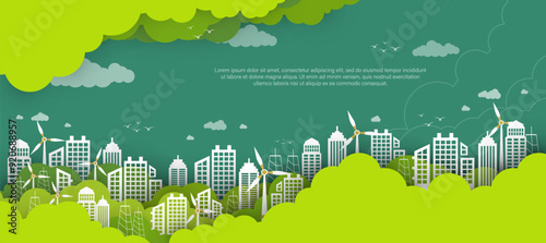 Sustainability. Concept green energy, Green building ecology friendly building, sustainable industry,  windmills energy. vector illustration green background.
