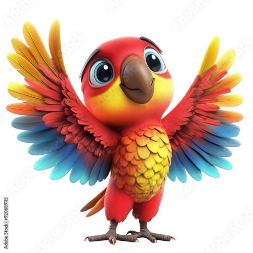 3D Cartoon Red Parrot with Spread Wings - Isolated on White Transparent Background, PNG
 photo