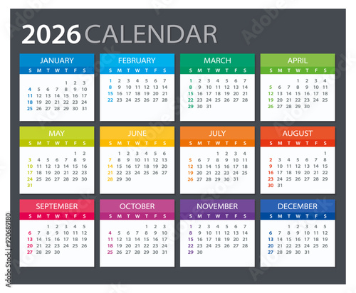 2026 Calendar - illustration. Template. Mock up