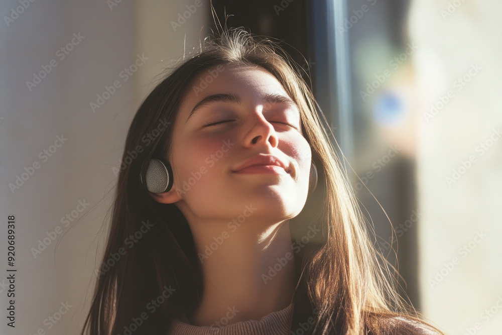 Woman Enjoying Music with Headphones in a Park Woman Enjoying Music with Headphones in a Park