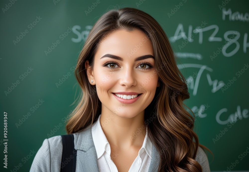 Beautiful young brunette female teacher standing in front of a green chalkboard, smiling at the camera Beautiful young brunette female teacher standing in front of a green chalkboard, smiling at the camera