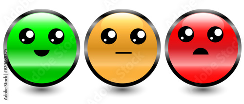 Traffic light style colour feedback or review system buttons with cute cartoon faces