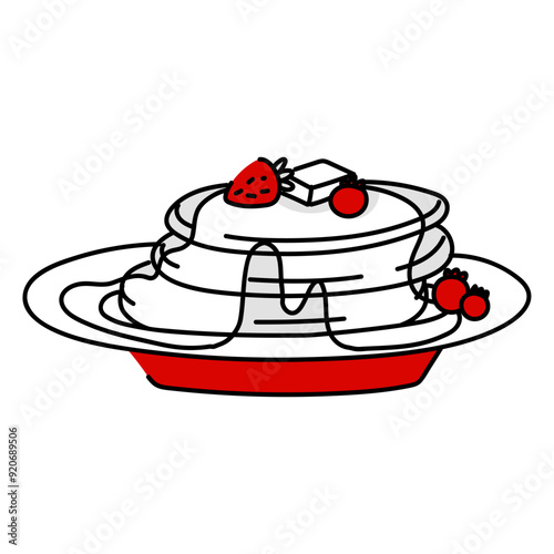 flat illustration of delicious fluffy pancakes lying on a plate. Pancakes are doused with maple syrup and decorated with fresh berries. Illustration is made in red and white with a thin black outline
