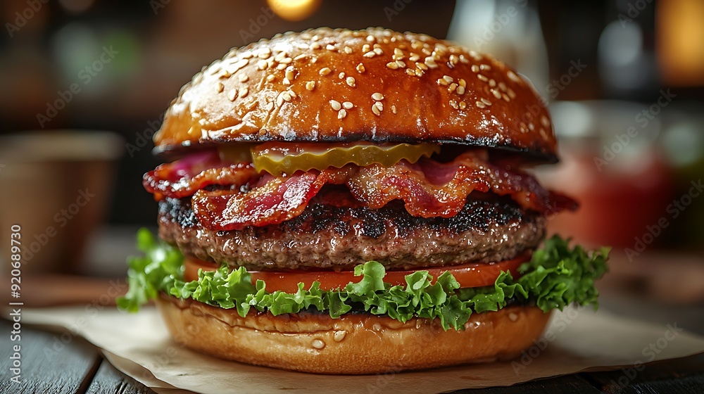 Juicy bacon cheeseburger with lettuce and tomato. Juicy bacon cheeseburger with lettuce and tomato.