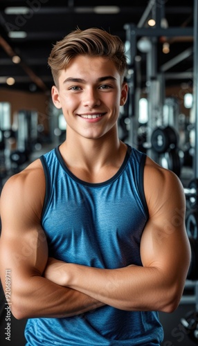 Handsome teenage boy in modern gym, looking at camera, smiling while standing among weights