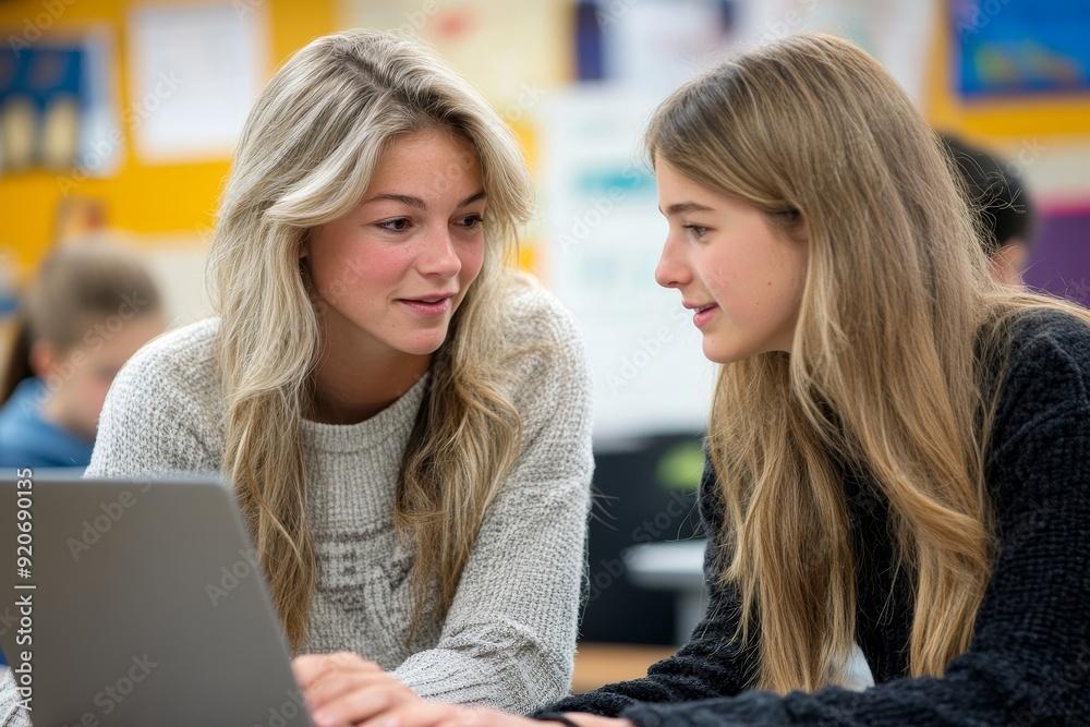 High school professor assists her students in e-learning on laptop in classroom, Generative AI High school professor assists her students in e-learning on laptop in classroom, Generative AI