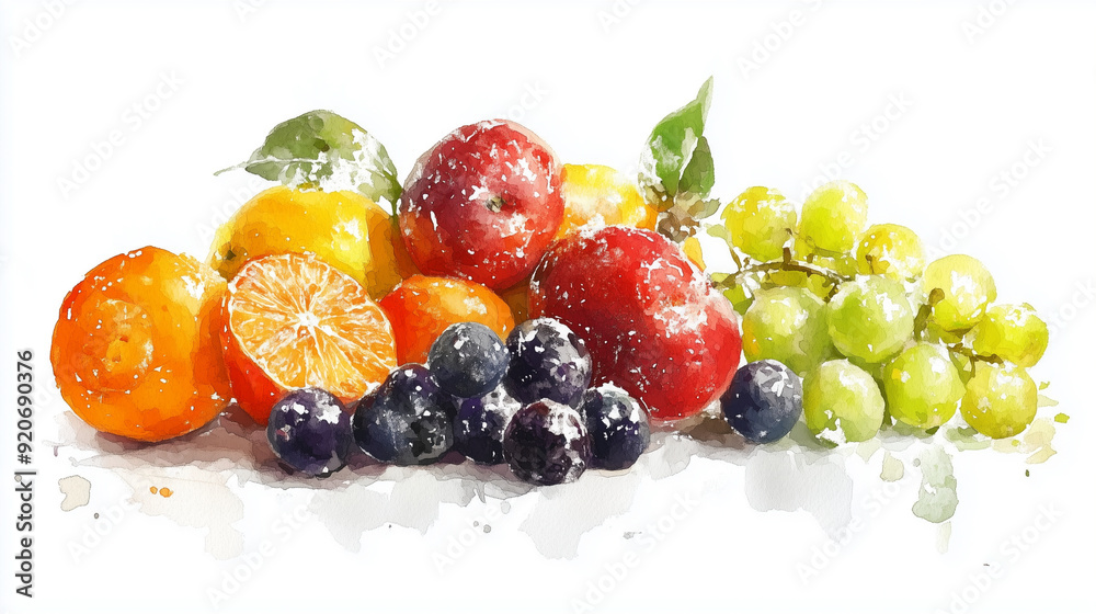 A watercolor illustration of mixed fruits, including strawberries, kiwis, and grapes, is set against a clean white background, highlighting the bright colors and delicate textures of each piece A watercolor illustration of mixed fruits, including strawberries, kiwis, and grapes, is set against a clean white background, highlighting the bright colors and delicate textures of each piece