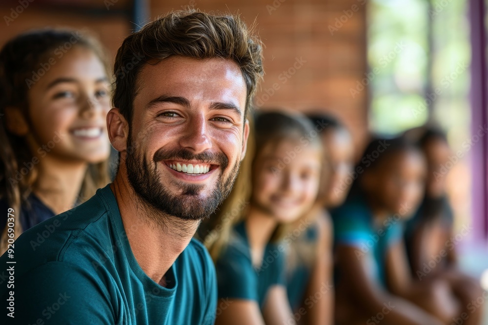 Portrait of happy physical education teacher during class at school gym, Generative AI Portrait of happy physical education teacher during class at school gym, Generative AI