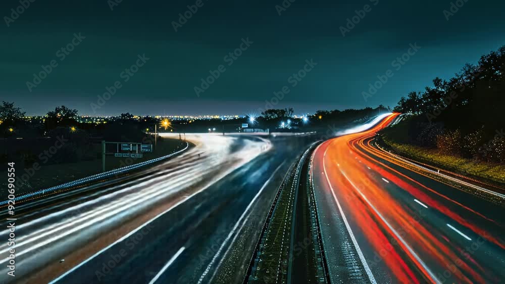 Moving car lights on highway at night long Moving car lights on highway at night long
