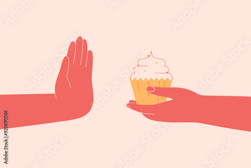 Human hand refuses sweets food. Calories control and sugar free dieting. Healthy eating habits concept. Strong Willpower and nutrition discipline. Vector illustration