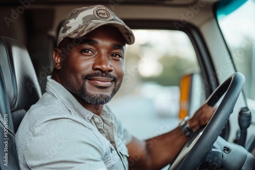 Happy black driver driving his truck and looking at camera, Generative AI