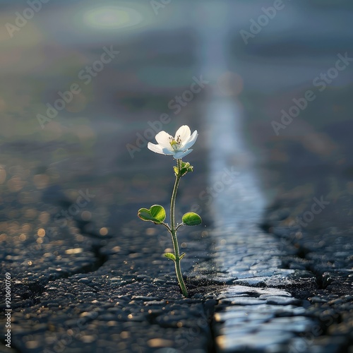 Resilient Flower Growing Through Cracked Pavement