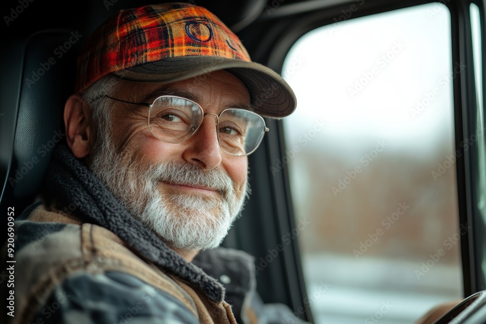 Happy truck driver looking through side window while driving his truck, Generative AI Happy truck driver looking through side window while driving his truck, Generative AI