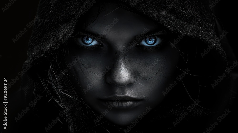 Portrait of a woman with a hood over their head, showcasing their eyes and a portion of their face Portrait of a woman with a hood over their head, showcasing their eyes and a portion of their face