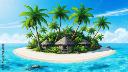 Illustration of Idyllic Tropical Island having Tress and Huts