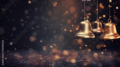 Beautiful golden bells dangle elegantly in warm light, creating a magical atmosphere perfect for holiday celebrations, light bokeh, christmas mood, copy space