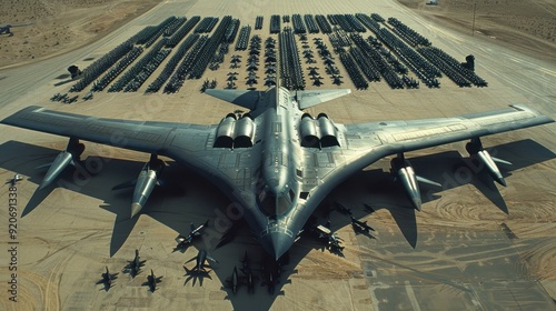 B-2 Spirit stealth bomber, a strategic bomber aircraft, with a large number of missiles on the ground photo