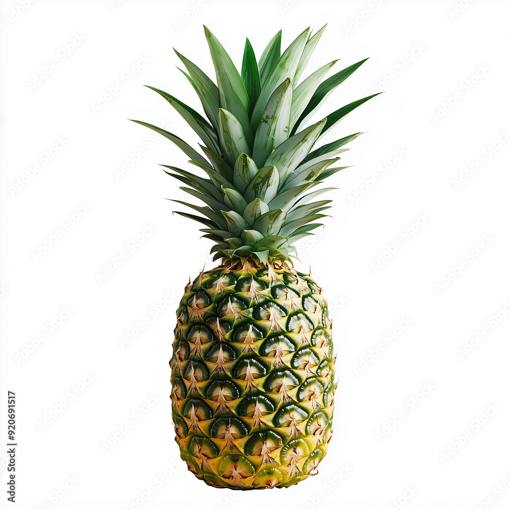 A whole pineapple sits on a bright white background, its rough, textured skin and tuft of green leaves making it an eye-catching centerpiece........ A whole pineapple sits on a bright white background, its rough, textured skin and tuft of green leaves making it an eye-catching centerpiece........