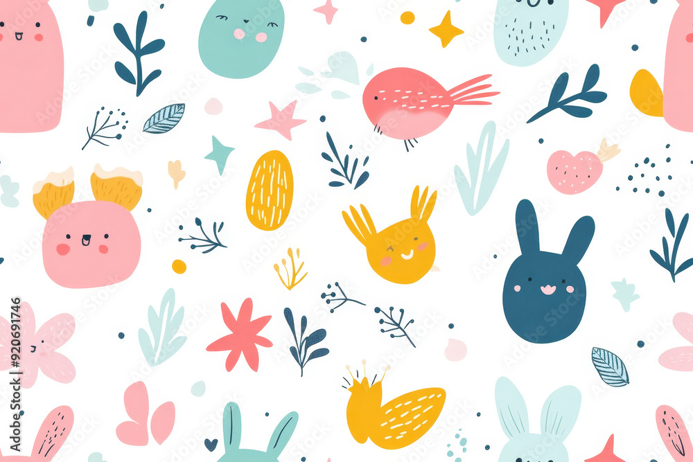 Adorable and sweet seamless pattern with cute characters and soft pastel colors Adorable and sweet seamless pattern with cute characters and soft pastel colors